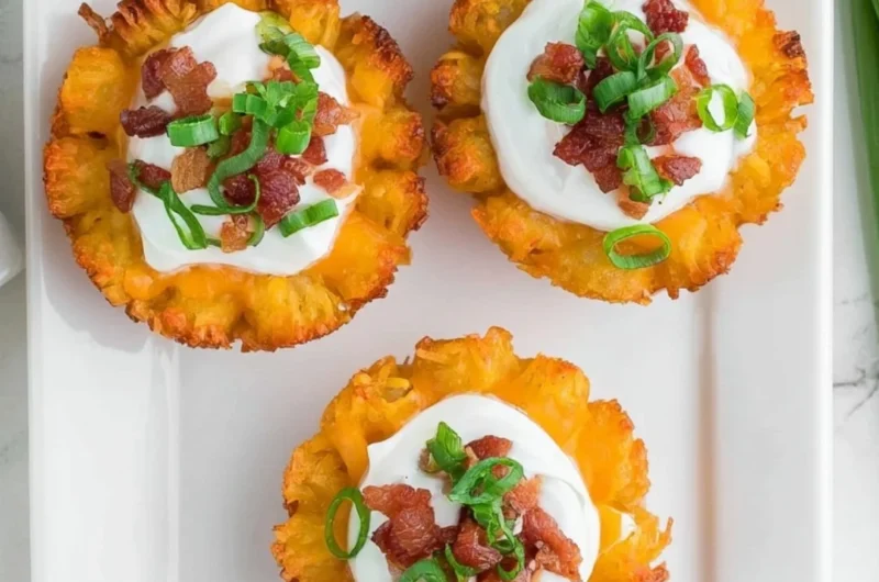 Loaded tater tots topped with cheese and bacon served on a plate
