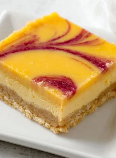 Delicious mango curd bars served on a plate with fresh mango slices.