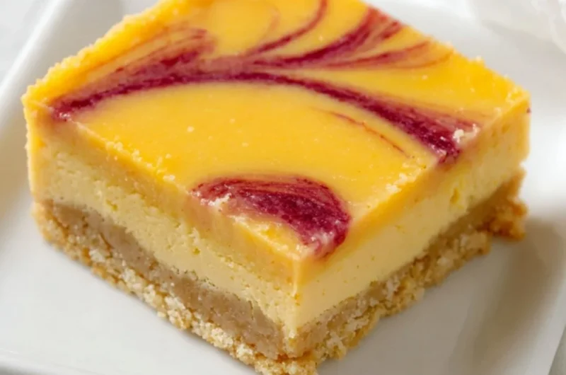 Delicious mango curd bars served on a plate with fresh mango slices.