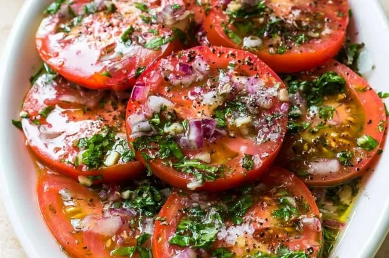 Delicious marinated tomatoes in a bowl, garnished with herbs and spices.