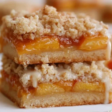 Delicious homemade peach bars topped with fresh peach slices