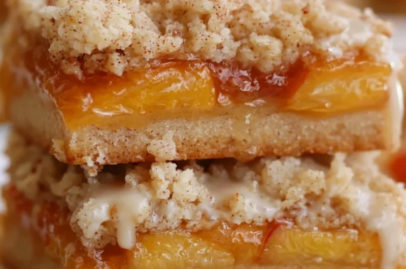 Delicious homemade peach bars topped with fresh peach slices
