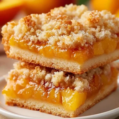Delicious homemade Peach Crumb Bars with a golden crumb topping and fresh fruit filling