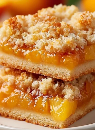 Delicious homemade Peach Crumb Bars with a golden crumb topping and fresh fruit filling