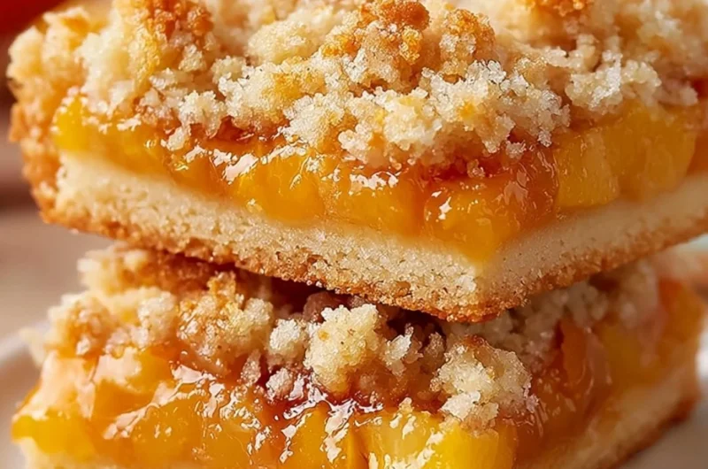 Delicious homemade Peach Crumb Bars with a golden crumb topping and fresh fruit filling
