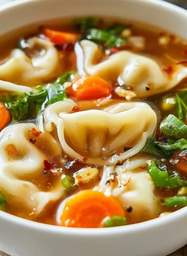 Bowl of homemade Potsticker Soup with dumplings and vegetables