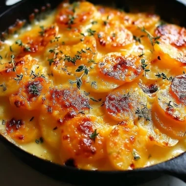 Creamy scalloped potatoes with cheese and herbs baked to perfection