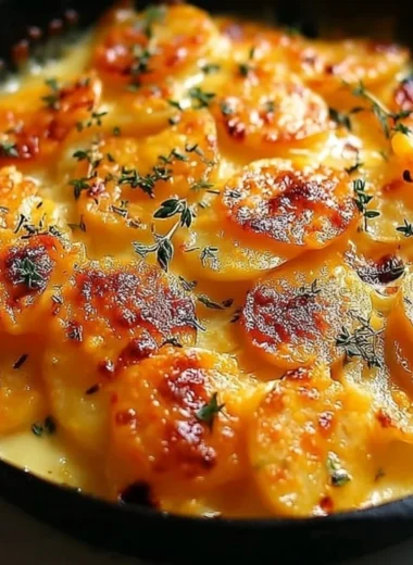 Creamy scalloped potatoes with cheese and herbs baked to perfection