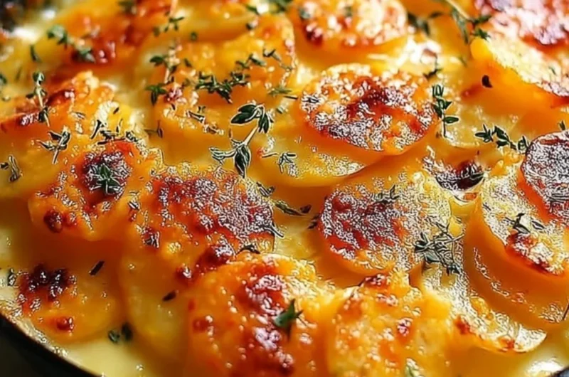 Creamy scalloped potatoes with cheese and herbs baked to perfection