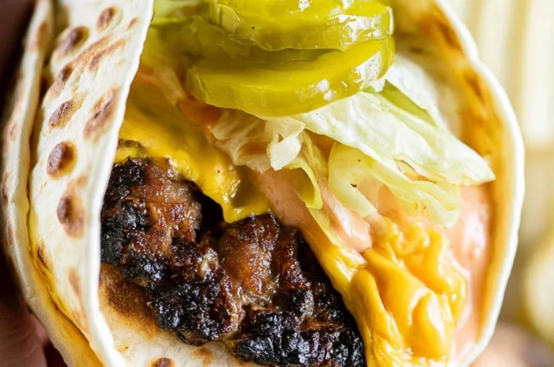 Delicious Smash Burger Taco served with burger sauce on a wooden platter.