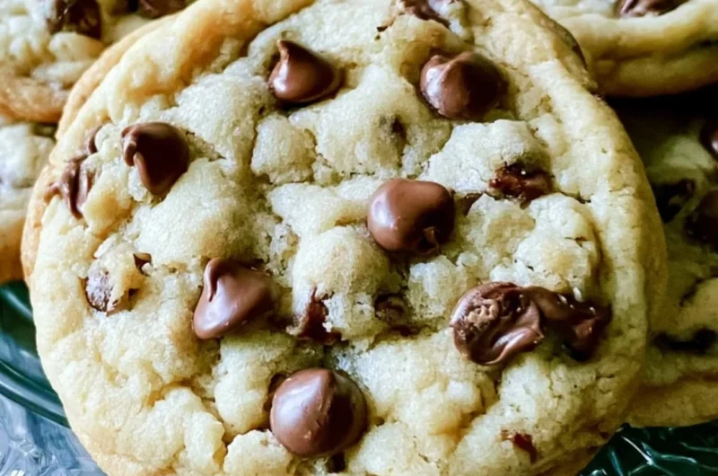 Freshly baked soft batch chocolate chip cookies with melted chocolate chips