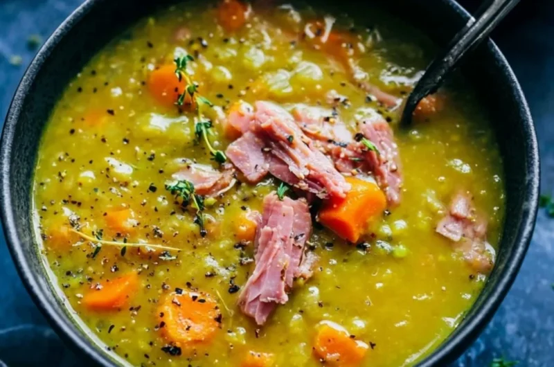 Bowl of homemade split pea soup garnished with herbs