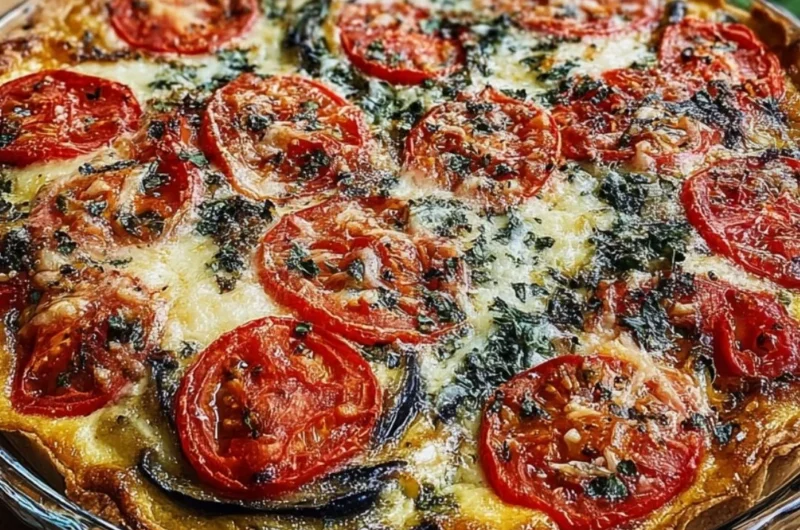 Delicious Summer Tomato and Eggplant Pie baked with fresh vegetables
