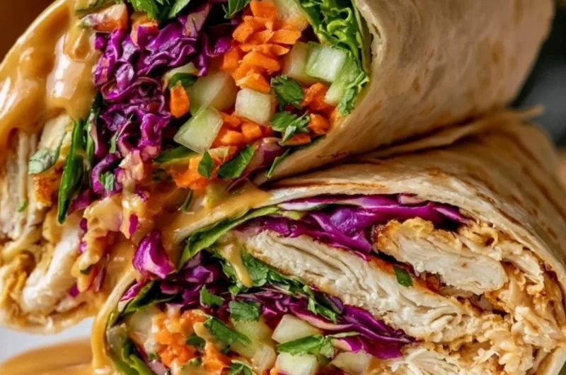 Thai Peanut Chicken Wraps made with fresh ingredients and rich peanut sauce
