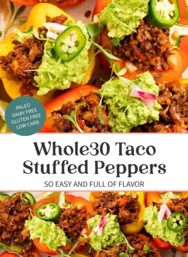 Whole30 taco stuffed peppers cooked and served on a plate