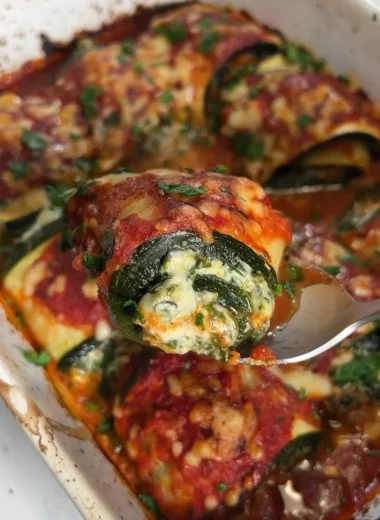 Baked Zucchini Rollatini with ricotta filling and marinara sauce