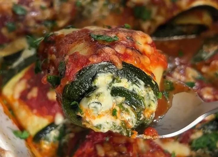 Baked Zucchini Rollatini with ricotta filling and marinara sauce