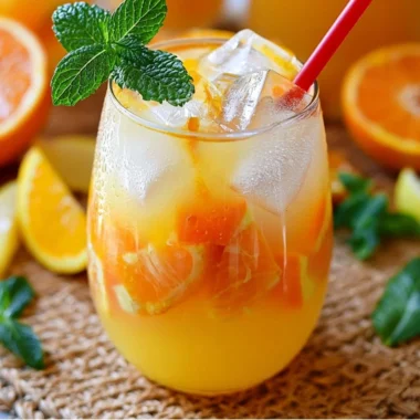Glass of refreshing 4-Ingredient orange lemonade with ice and orange slices