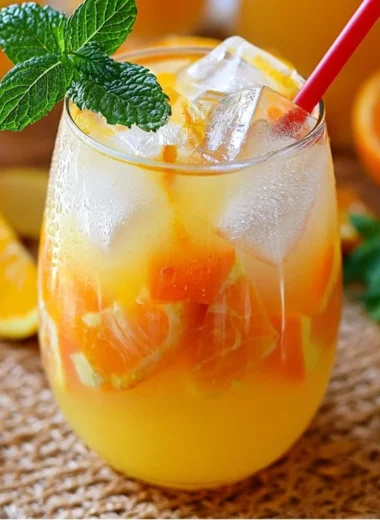 Glass of refreshing 4-Ingredient orange lemonade with ice and orange slices