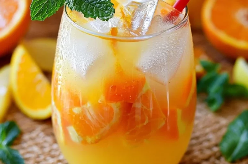 Glass of refreshing 4-Ingredient orange lemonade with ice and orange slices