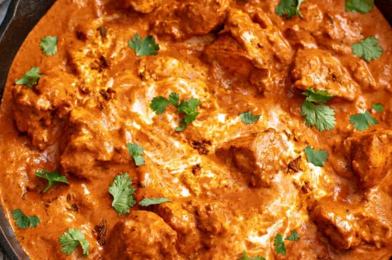 Delicious chicken tikka masala dish served with rice and naan bread.
