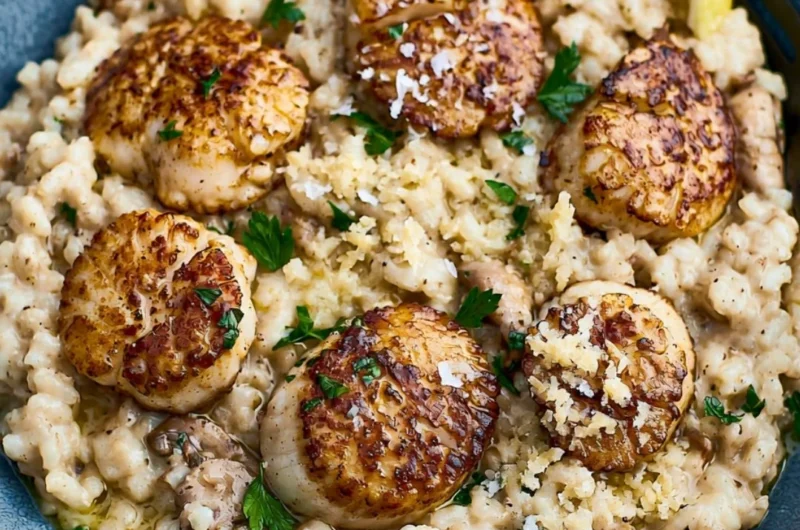Delicious scallops risotto served in a cozy atmosphere for an evening meal