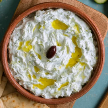 Delicious Greek tzatziki served with fresh vegetables and pita bread