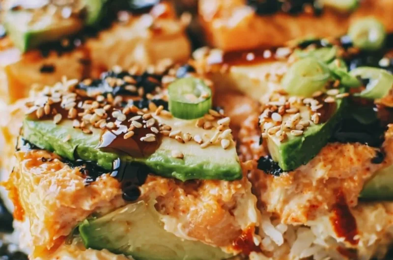 Baked spicy salmon sushi casserole in a ceramic dish garnished with green onions