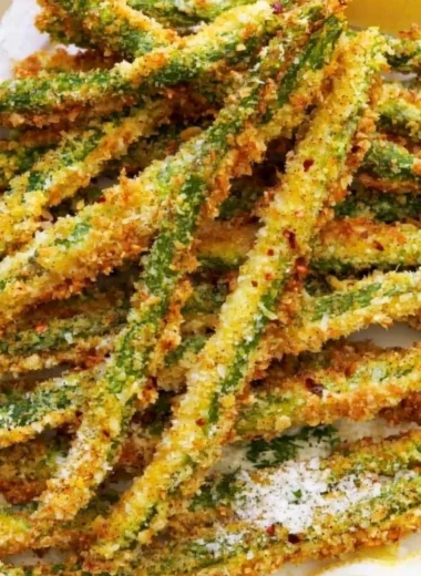 Crispy breaded air fryer asparagus served on a white plate.