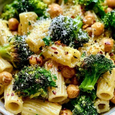 Plate of Broccoli Chickpea Pasta with garlic olive oil, garnished beautifully.