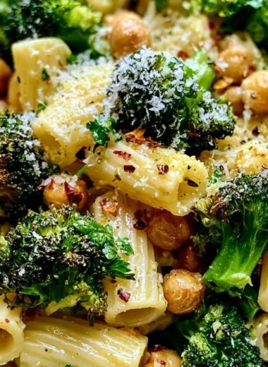 Plate of Broccoli Chickpea Pasta with garlic olive oil, garnished beautifully.
