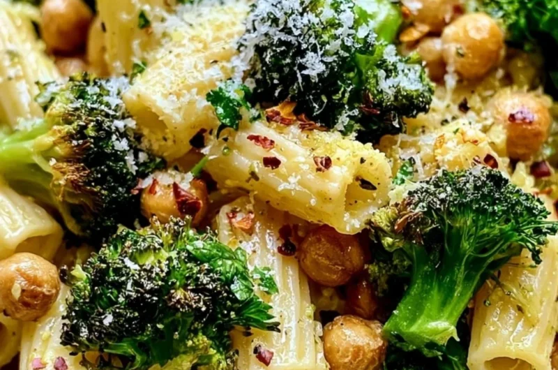 Plate of Broccoli Chickpea Pasta with garlic olive oil, garnished beautifully.
