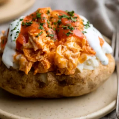 Buffalo Chicken Twice Baked Potatoes topped with cheese and green onions.