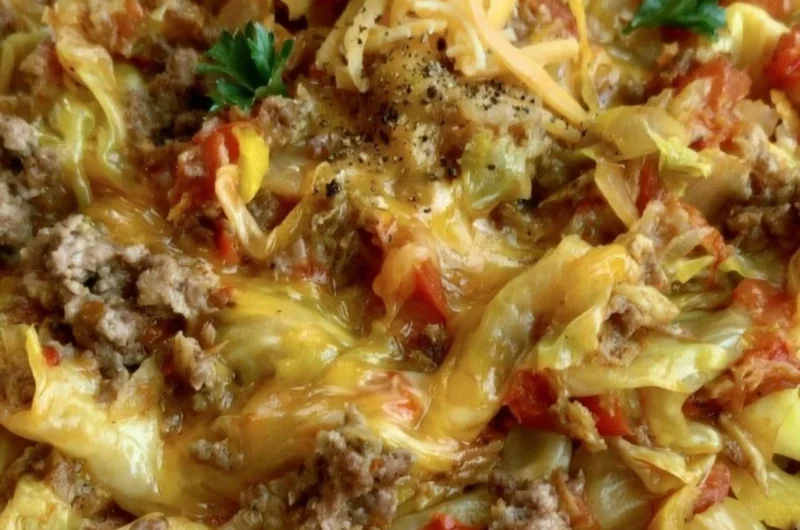 Delicious cabbage roll skillet served in a bowl with vibrant vegetables and sauce.