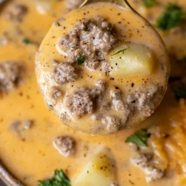 Bowl of Cheesy Beef and Potato Soup, a hearty and delicious meal.