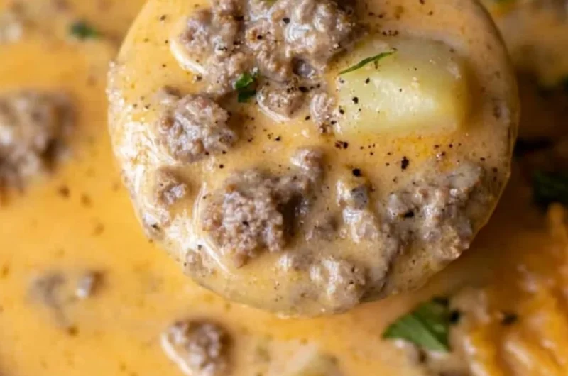 Bowl of Cheesy Beef and Potato Soup, a hearty and delicious meal.