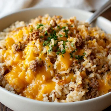 Cheesy Ground Beef and Rice Casserole dish served in a baking dish