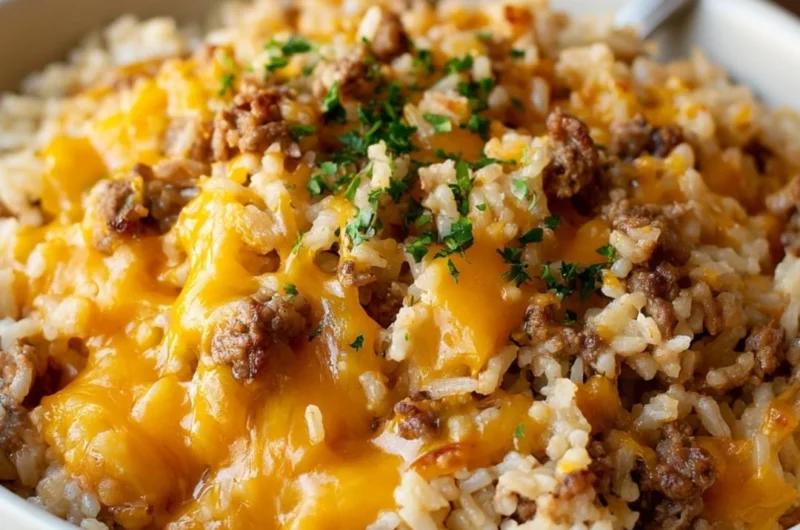 Cheesy Ground Beef and Rice Casserole dish served in a baking dish