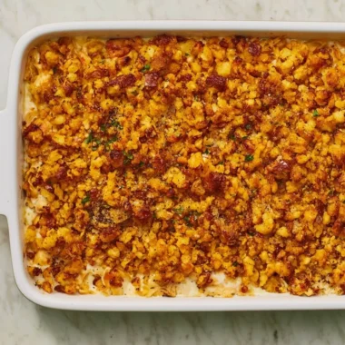 Delicious Chicken and Stuffing Casserole topped with crispy sage in a baking dish.