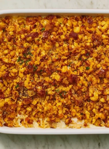 Delicious Chicken and Stuffing Casserole topped with crispy sage in a baking dish.