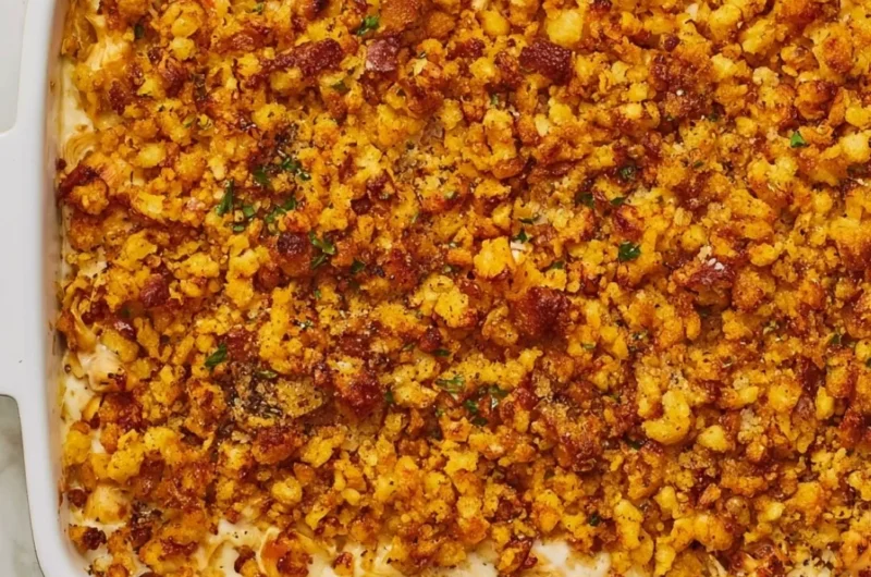 Delicious Chicken and Stuffing Casserole topped with crispy sage in a baking dish.