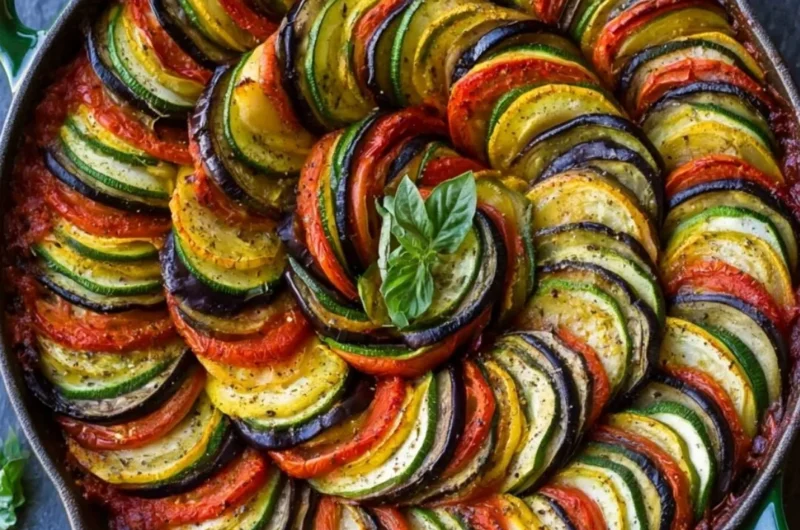 Delicious baked ratatouille with layers of colorful vegetables.