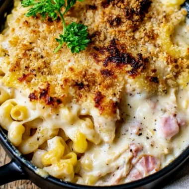 Cozy Chicken Cordon Bleu Casserole with chicken, cheese, and ham layers