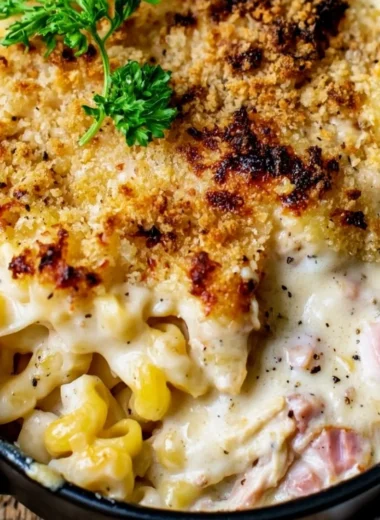 Cozy Chicken Cordon Bleu Casserole with chicken, cheese, and ham layers