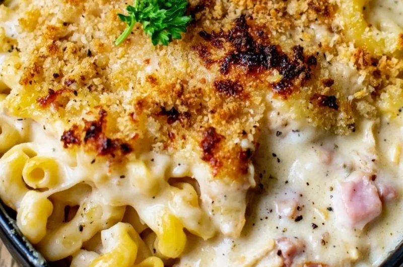Cozy Chicken Cordon Bleu Casserole with chicken, cheese, and ham layers