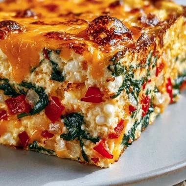 Baked cottage cheese and eggs in a casserole dish, garnished with herbs.