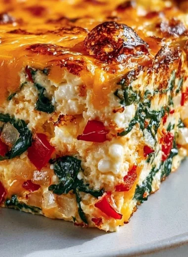 Baked cottage cheese and eggs in a casserole dish, garnished with herbs.