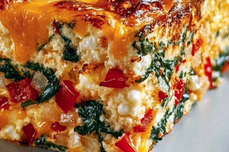 Baked cottage cheese and eggs in a casserole dish, garnished with herbs.