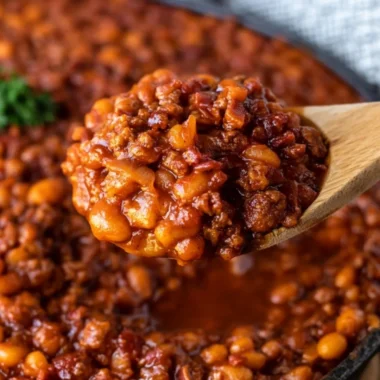 Delicious cozy cowboy baked beans in a rustic bowl