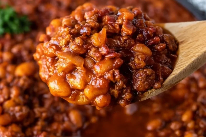Delicious cozy cowboy baked beans in a rustic bowl